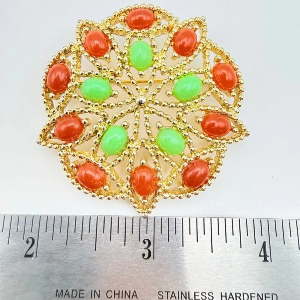 Vintage MCM Sarah Coventry Round Faux Jade Coral Brooch 1960s Costume Gold Tone